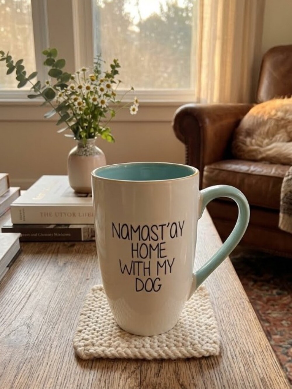Namast’ay Home With My Dog Mug in Ceramic White & Teal Interior 20oz Stay Home